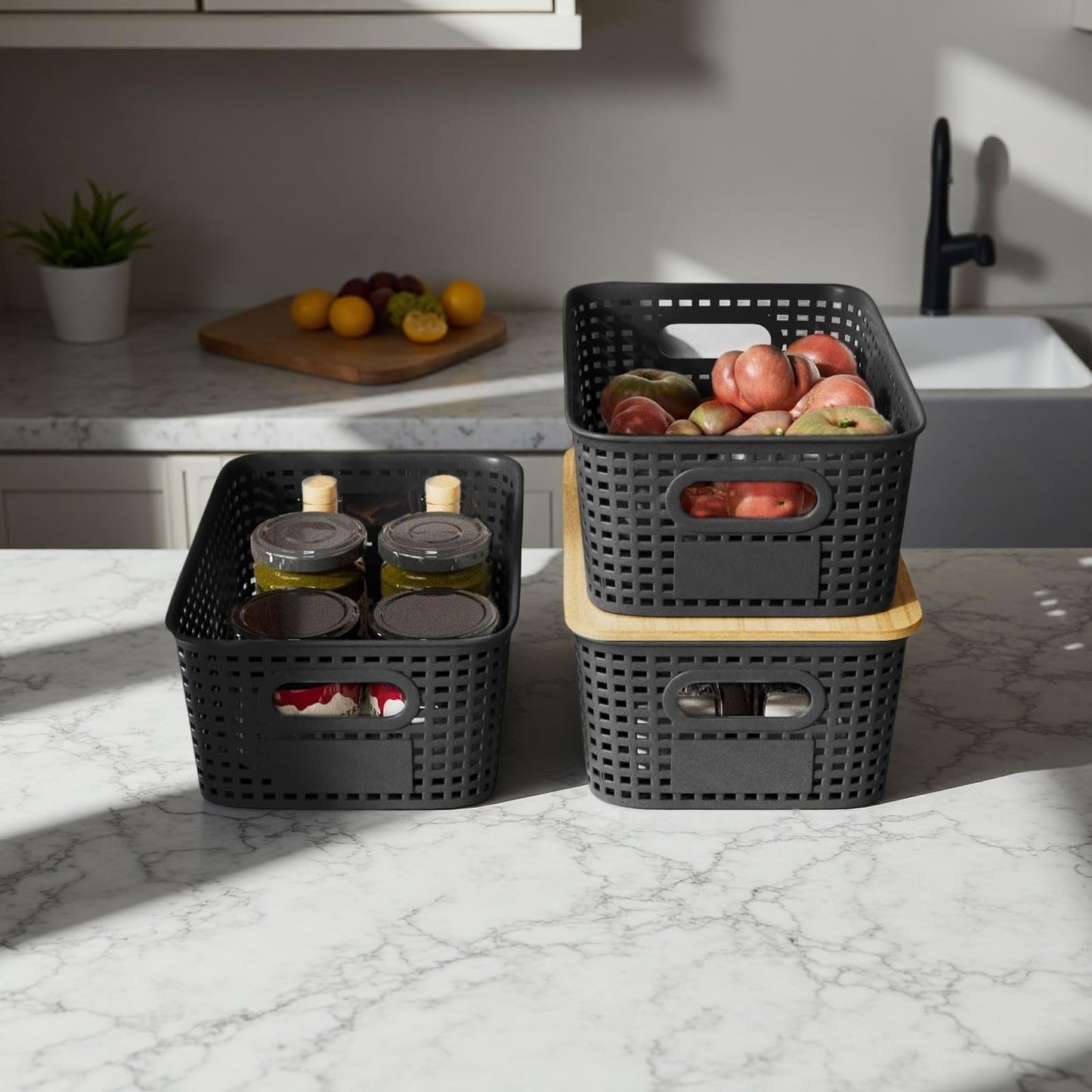 VIIHTYISA Plastic Storage Box with Bamboo Lid, Stackable Storage Baskets, Organizing Box for Shelves, Drawers, Desks, Cabinets, Playrooms and Offices