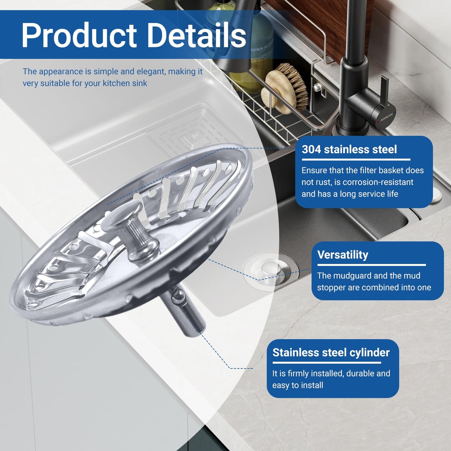 1 Pack 84 mm Kitchen Sink Strainer Plug, Stainless Steel Kitchen Sink Strainer, Kitchen Bathroom Food Hair Catcher Filter Stopper - Prevent Clogs