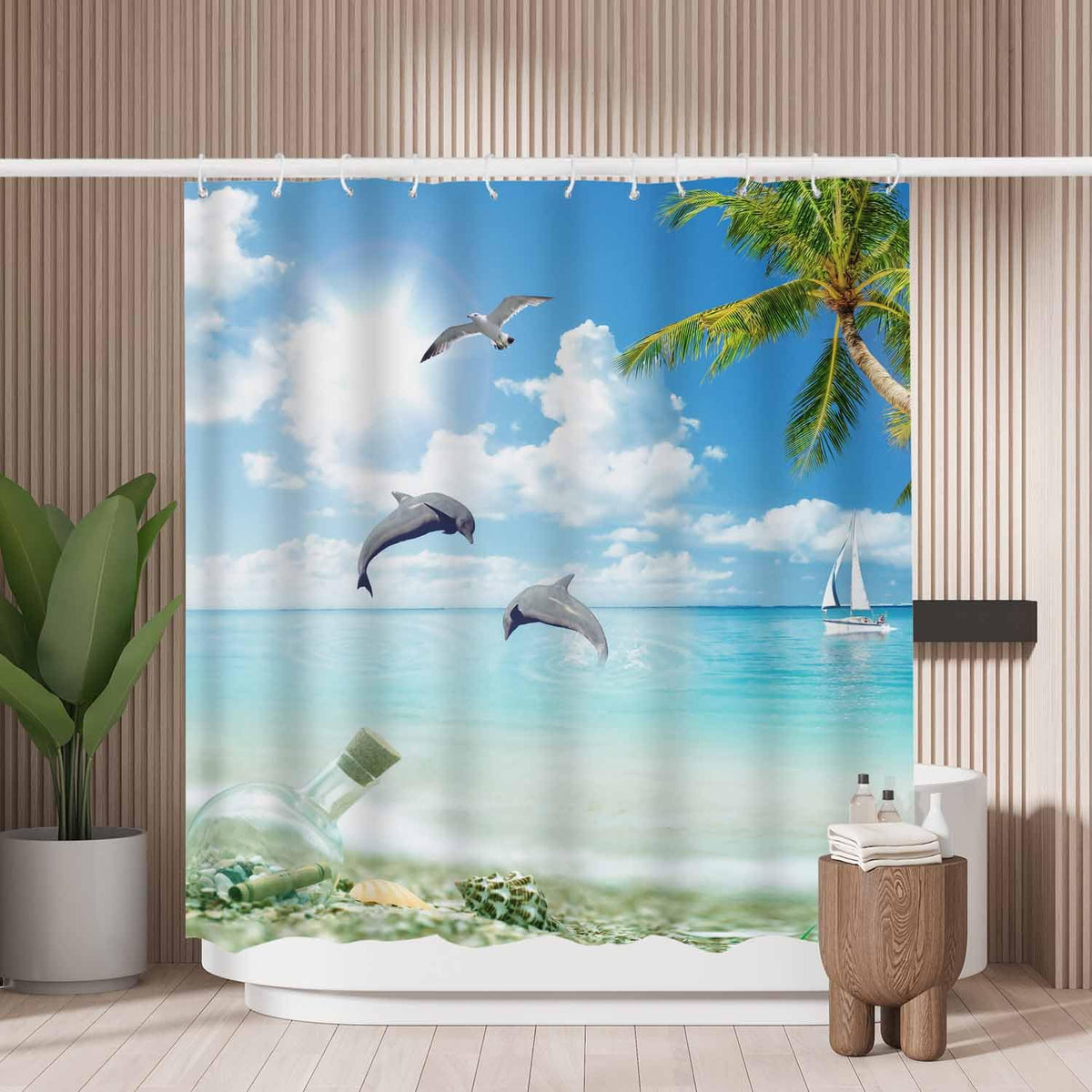 Woutay Shower Curtain Water Repellant Fabric Beach Dolphin and Palm Tree,Mould Proof Resistant,Polyester,with 12 Plastic Hooks