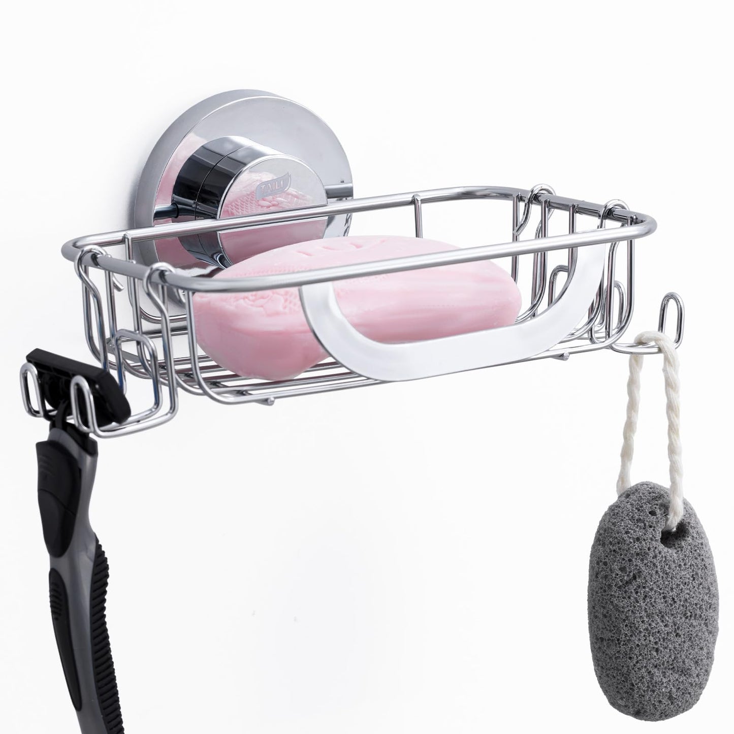 TAILI Silver Soap Dish With Hooks for Shower, Max Hold 5 KG Suction Soap Holder for Bathroom, Bathtub, Wall Mounted, Waterproof, Drill-Free, Removable