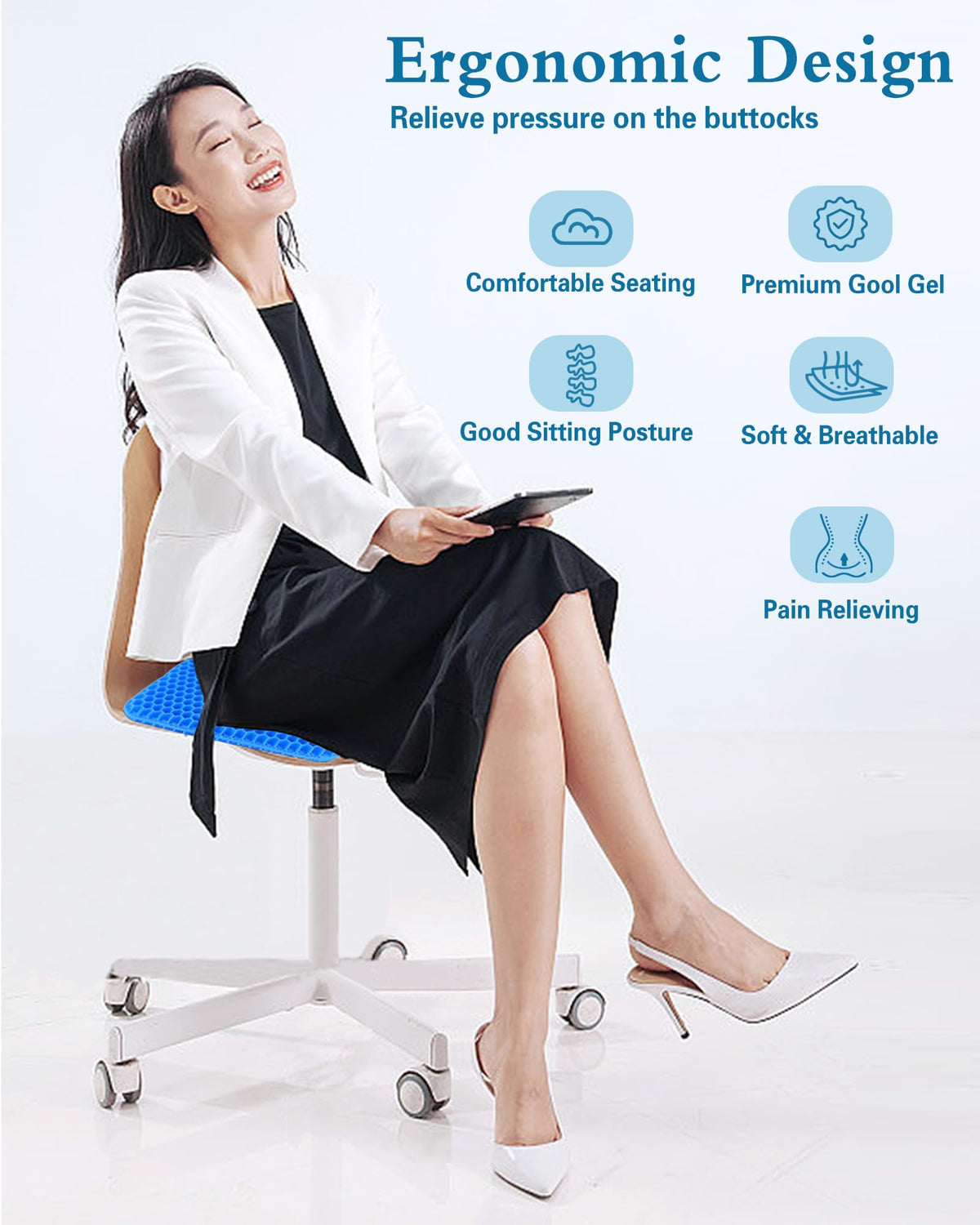2026 Upgraded Soft Gel Seat Cushion, 42*36*4.5cm Extra Thick Honeycomb Cushion, Cooling Breathable Chair Pad with Washable Non-Slip Cover