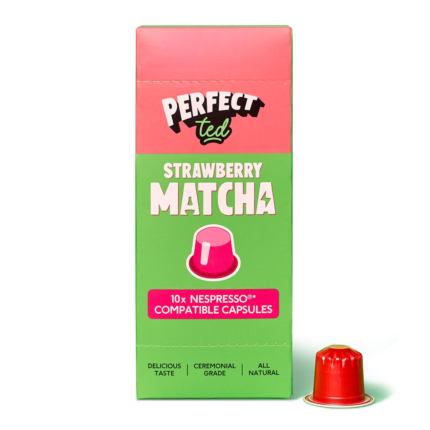 PerfectTed Strawberry Matcha Pods, Ceremonial Grade Japanese, 60 Nespresso Compatible Capsules, Quick & Easy Sweet Lattes | with L-Theanine | Natural