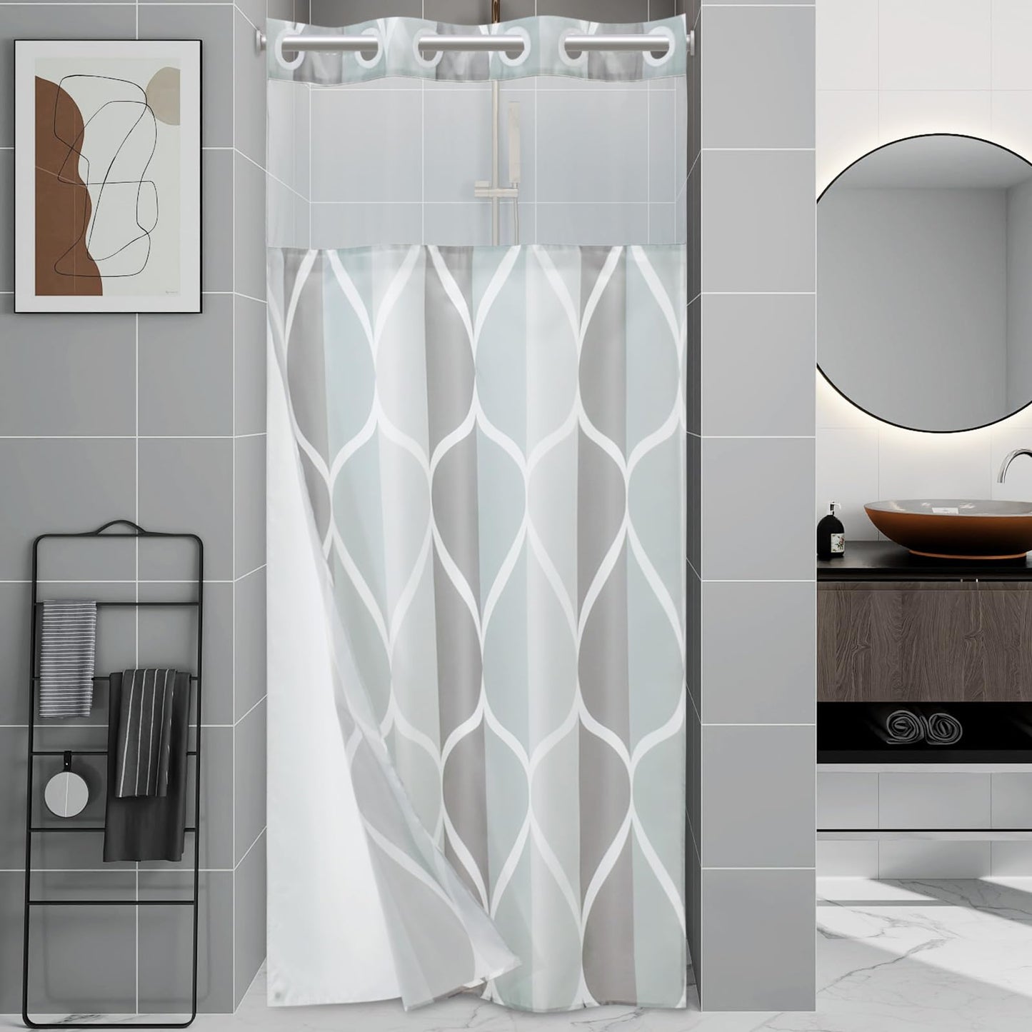 Yiatn No Hook Grey Small Stall Shower Curtain with Snap in Fabric Liner Set - Hotel Style with See Through Mesh Top Window, Modern Geometric Waterdrop