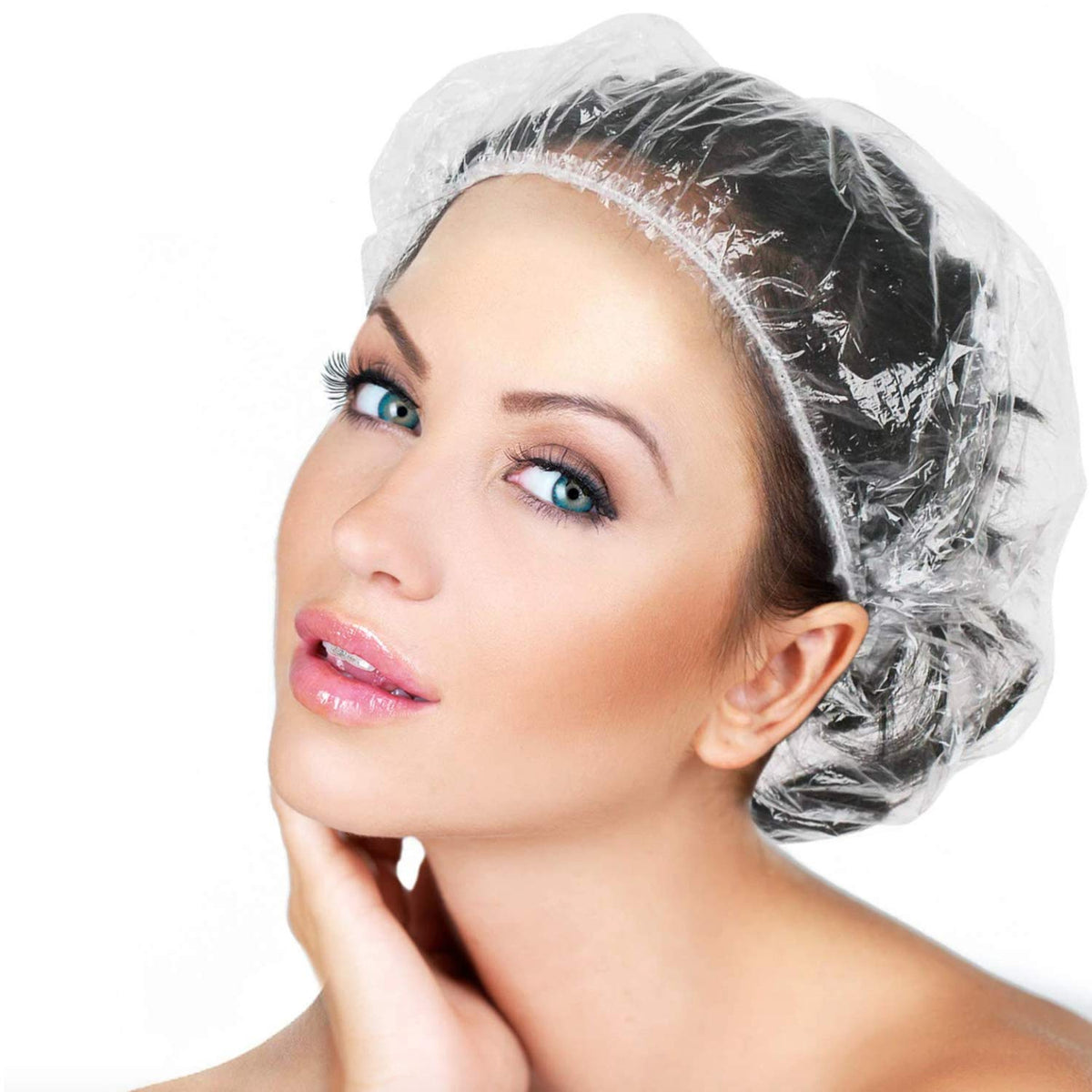 Glamza Disposable Shower Caps x100 ? Clear Waterproof Plastic Hair Caps for Women, Men & Kids ? Elastic, Comfortable, Hygienic ? Ideal for Shower,
