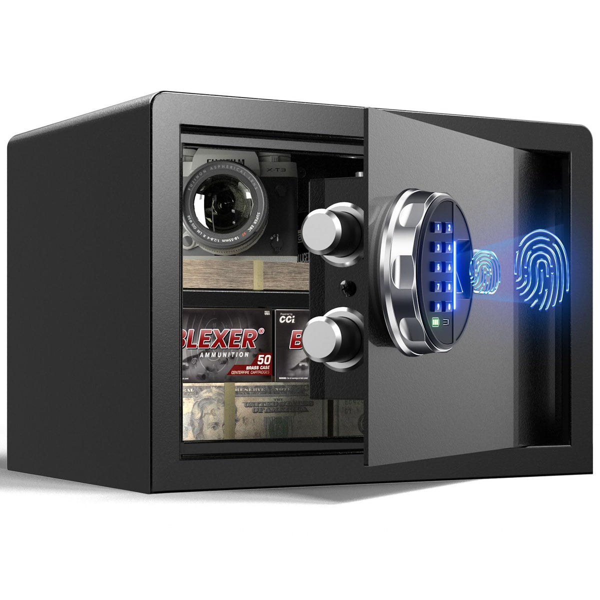 Grimtron Smart Biometric Safe - (14 litres) Fingerprint Lock Box with Silent Mode, Backlit Keypad and LED Light, Small Caja Fuerte with Anti-Rust and