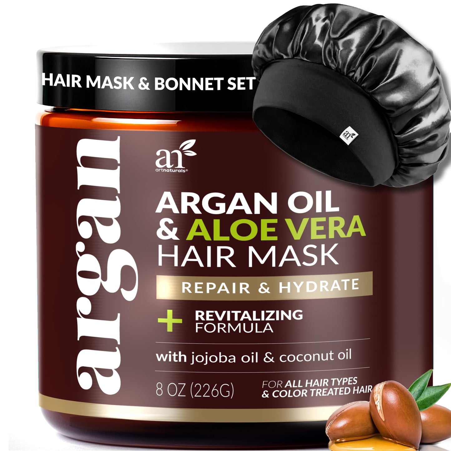 Artnaturals Argan Hair Mask Conditioner + Satin Bonnet Set - (8 Oz/226g) - Deep Conditioning Treatment - Jojoba Oil, Aloe & Keratin - Repair Dry,