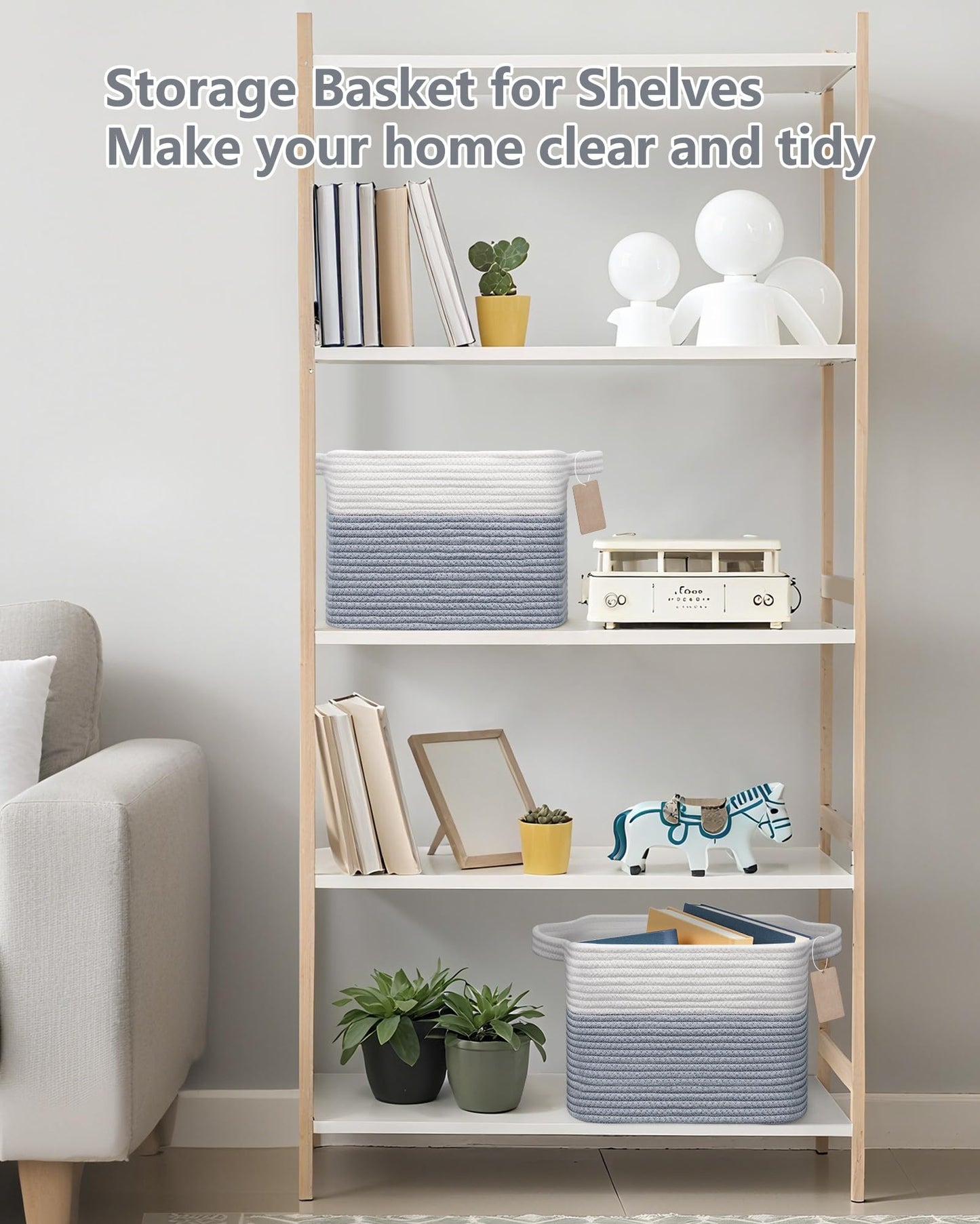 JOJOSEE Small Cotton Woven Storage Basket for Shelves, White&Grey,3PCS