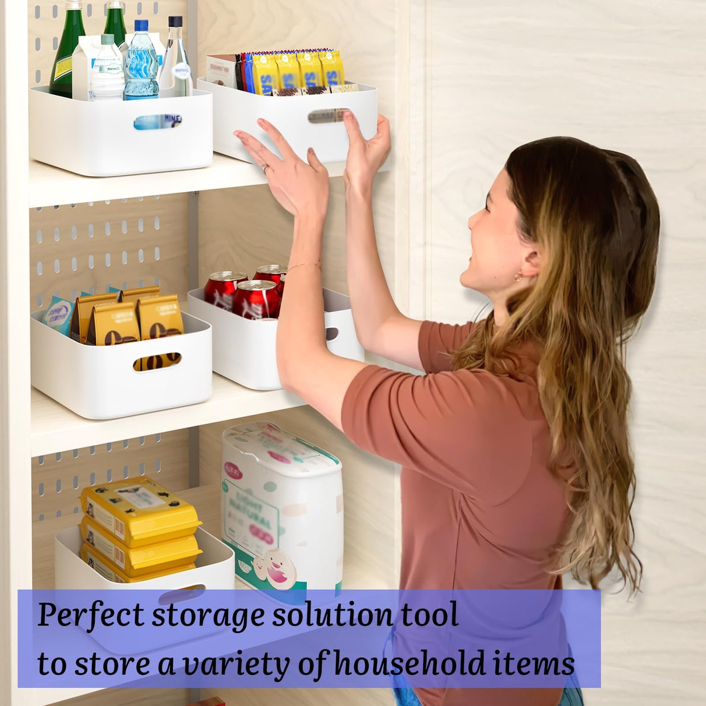W&H 5 PCS White Plastic Storage Baskets with Handle, Medium Kitchen Cupboard Organiser Box, Storage Boxes for Shelves, Plastic Boxes for Bathroom