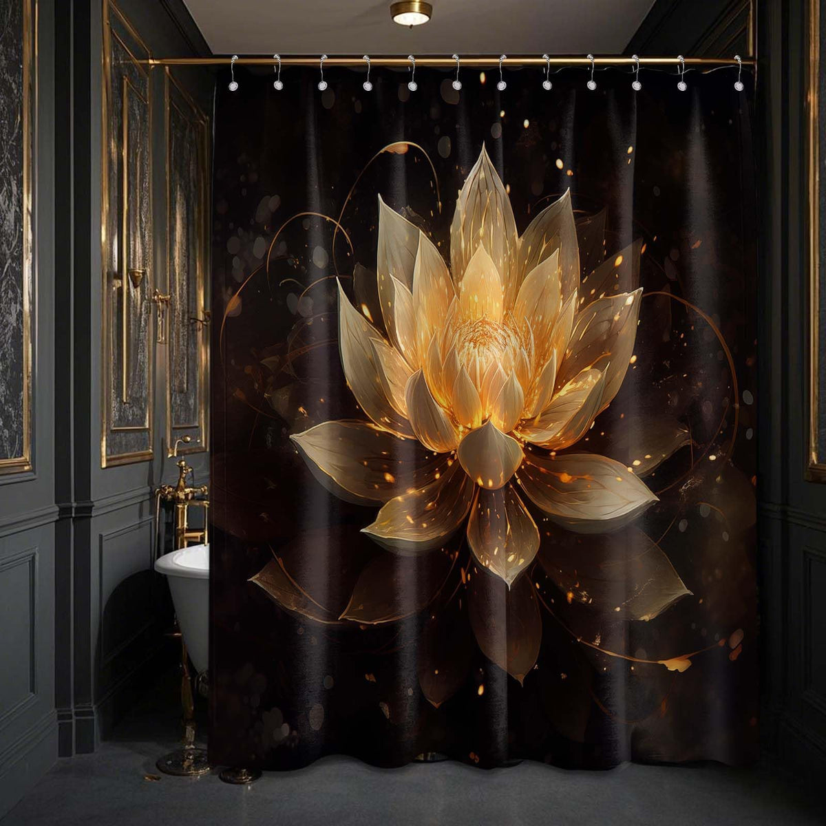 LanZanthic Lotus Shower Curtains for Bathroom Black and Gold Floral Spa Zen Wet Room Shower Curtain, Washable, Waterproof, Cloth Fabric, 180 x 200 cm