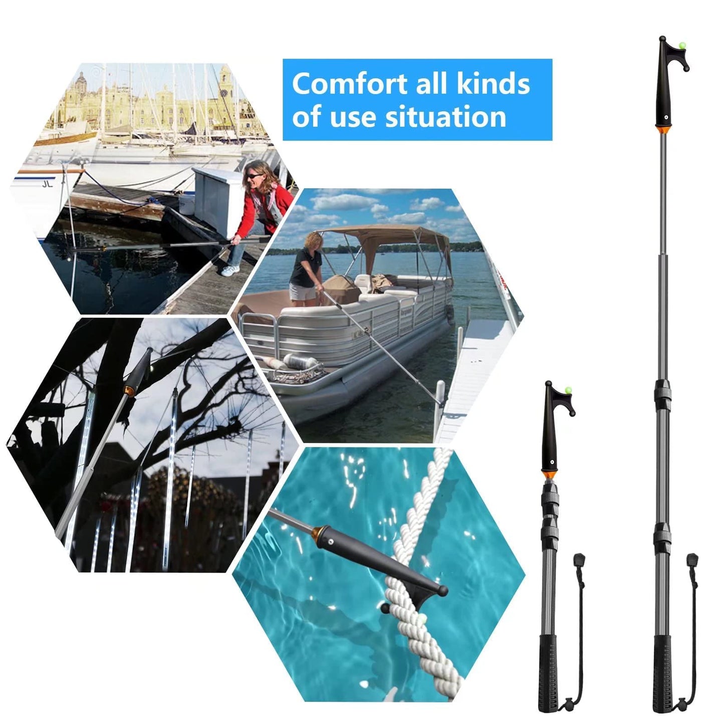 KOMCLUB Telescopic Boat Hooks for Docking, Boat Hook Floating Docking Pole, Luminous& Heavy-Duty Design, Rust-Resistant Fiberglass & Aluminum, Push