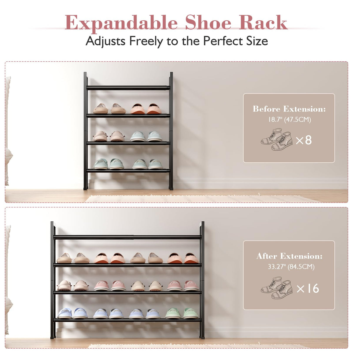 Bumusty 4 Tier Expandable Shoe Rack, Black