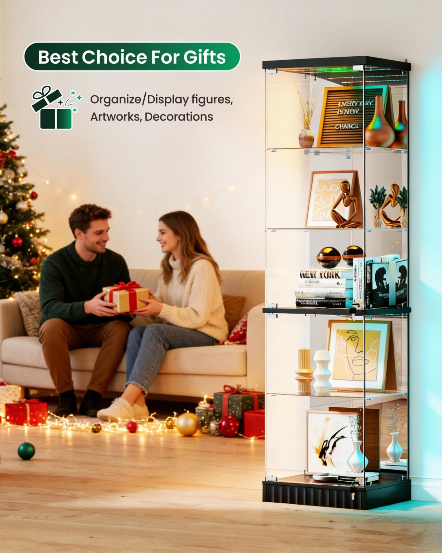 5-Tier RGB Corner Display Cabinets with Human Body Sensor for Collectibles