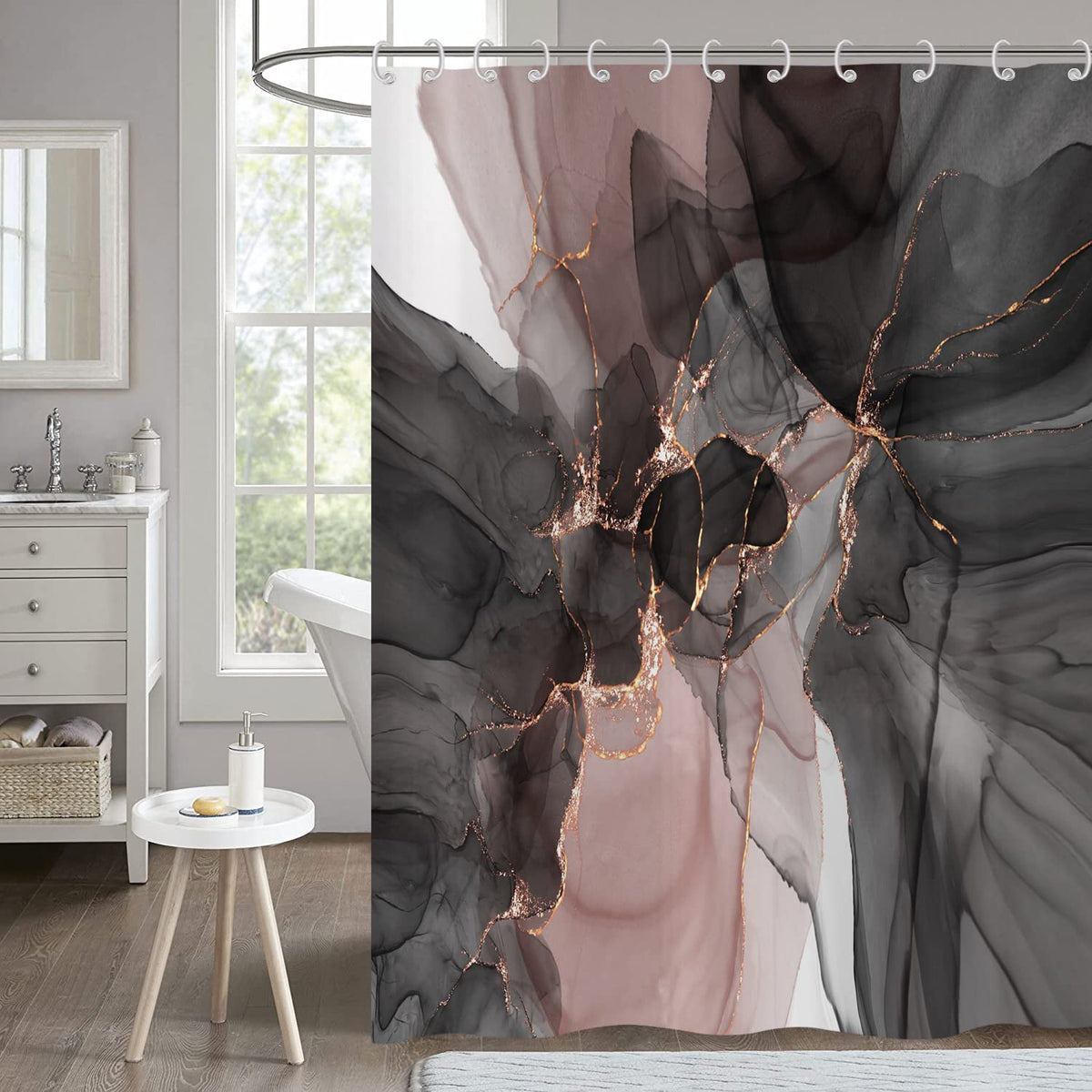 Hnmdmyi Marble Shower Curtain 180x200, Black Pink Glitter Gradient Luxury Abstract Marble Bathroom Curtains Modern Watercolor Texture Ink Art