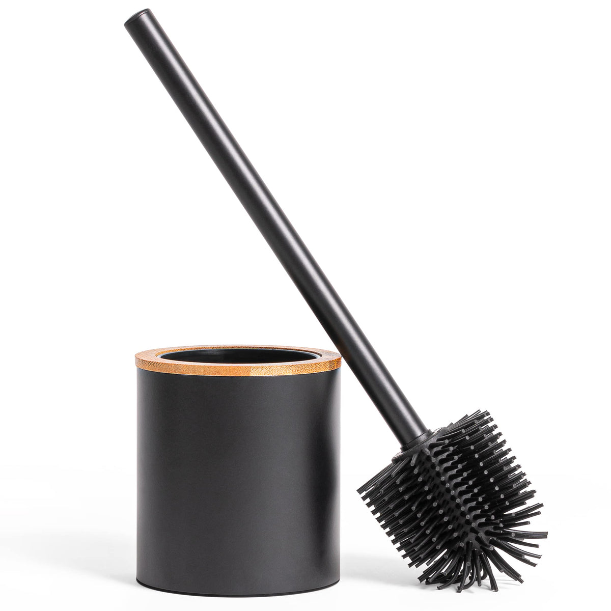 KAZAI.? Silicone Toilet Brush & Holder in Wooden Optic | Stainless Steel Handle with Silicone Head | Metal Stand with Bamboo Accent | Rubber Bathroom