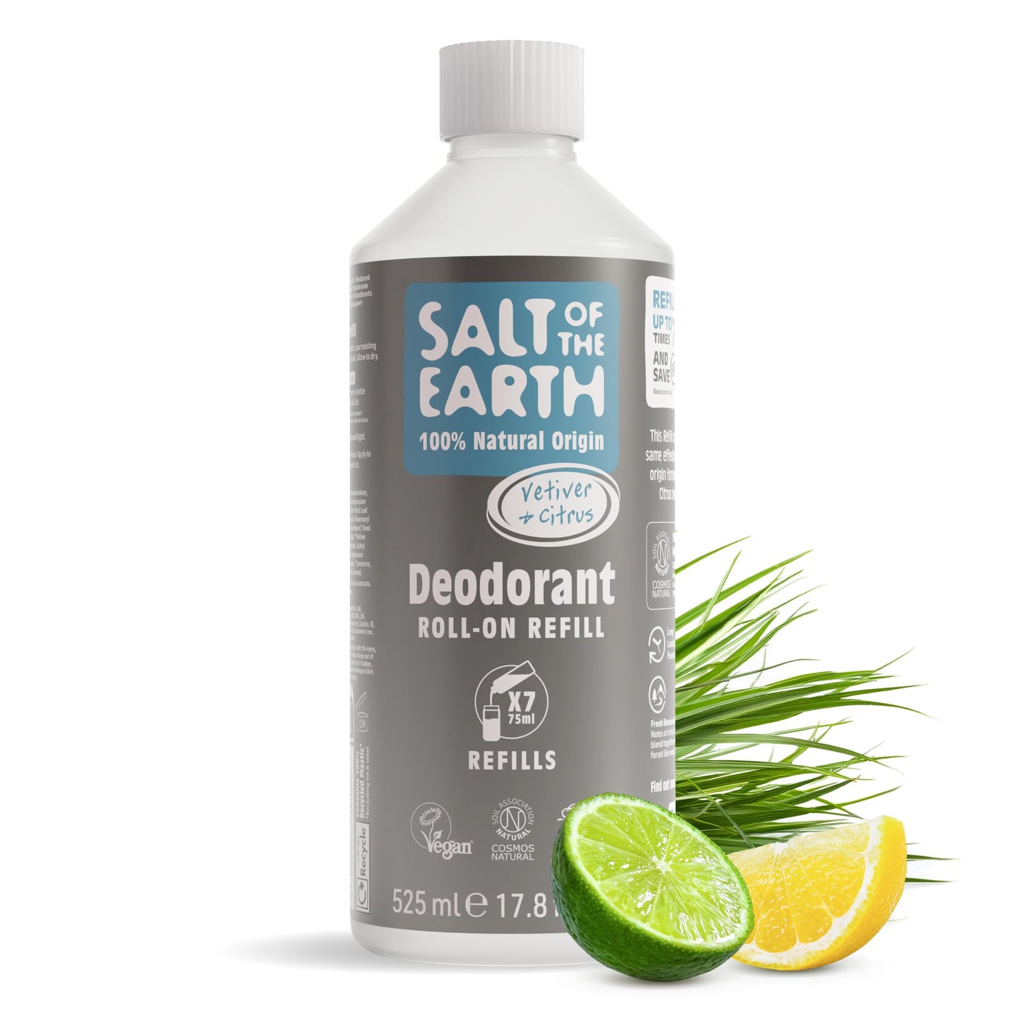 Salt of the Earth - Natural Deodorant Roll on Refill - x7 Uses - Vetiver & Citrus - 100% Natural Origin Ingredients - Vegan - Suitable for Men, Women