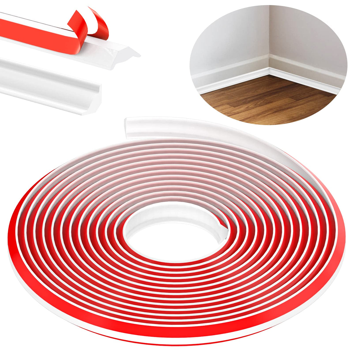 TPE Quadrant Trim, 6M Flexible Moulding Wall Corner Edging Strip Self Adhesive, Skirting Board Trim, Caulk Strip Beading for Laminate Flooring, Wall