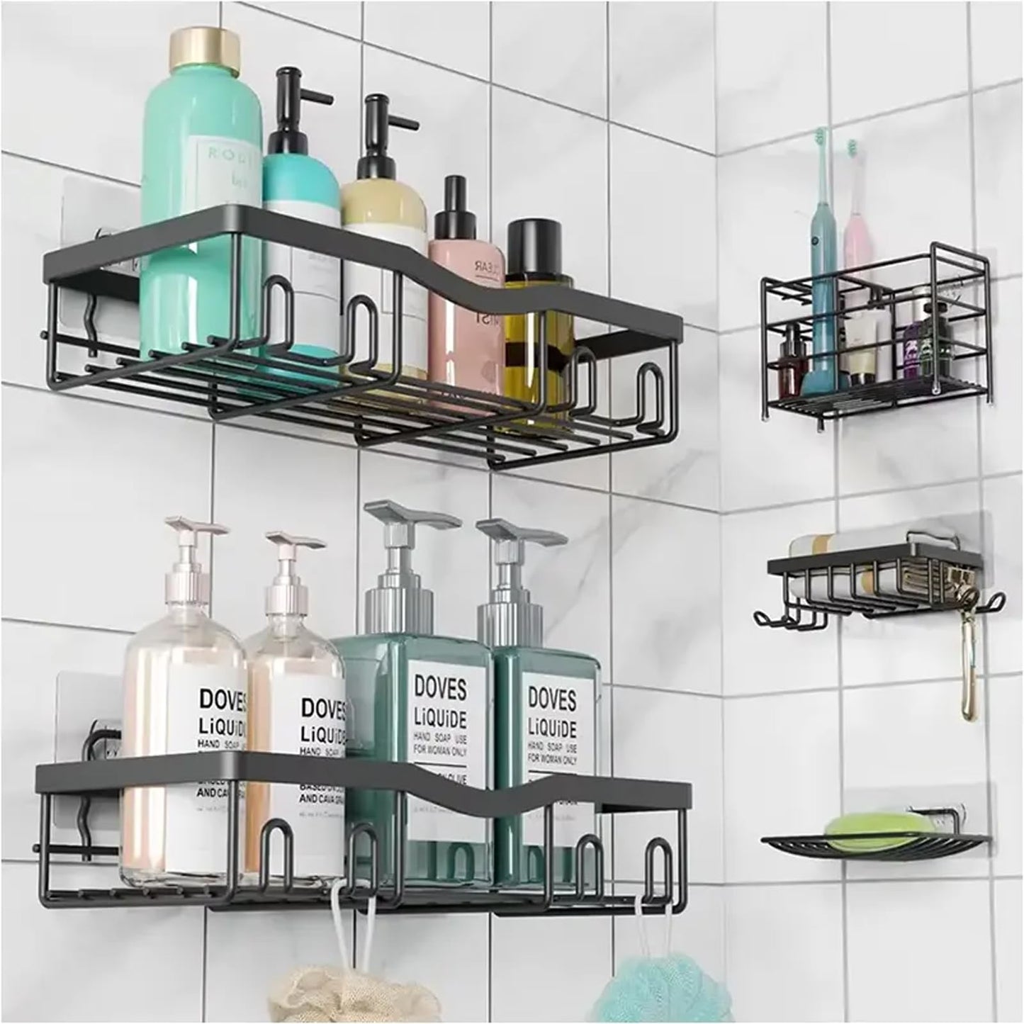 ULIKEUS Shower Caddy 5 Pack Bathroom Shelf Organiser Bathroom Storage Accessory without Drilling Hanging Adhesive Shower Tidy Rack Accessories for