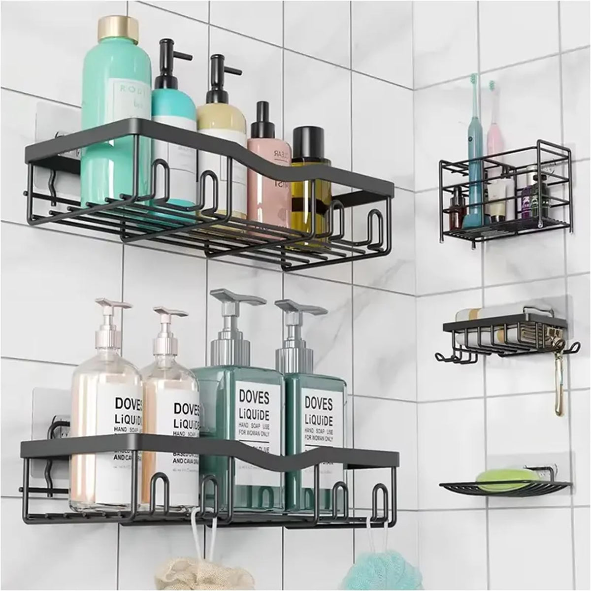 ULIKEUS Shower Caddy 5 Pack Bathroom Shelf Organiser Bathroom Storage Accessory without Drilling Hanging Adhesive Shower Tidy Rack Accessories for