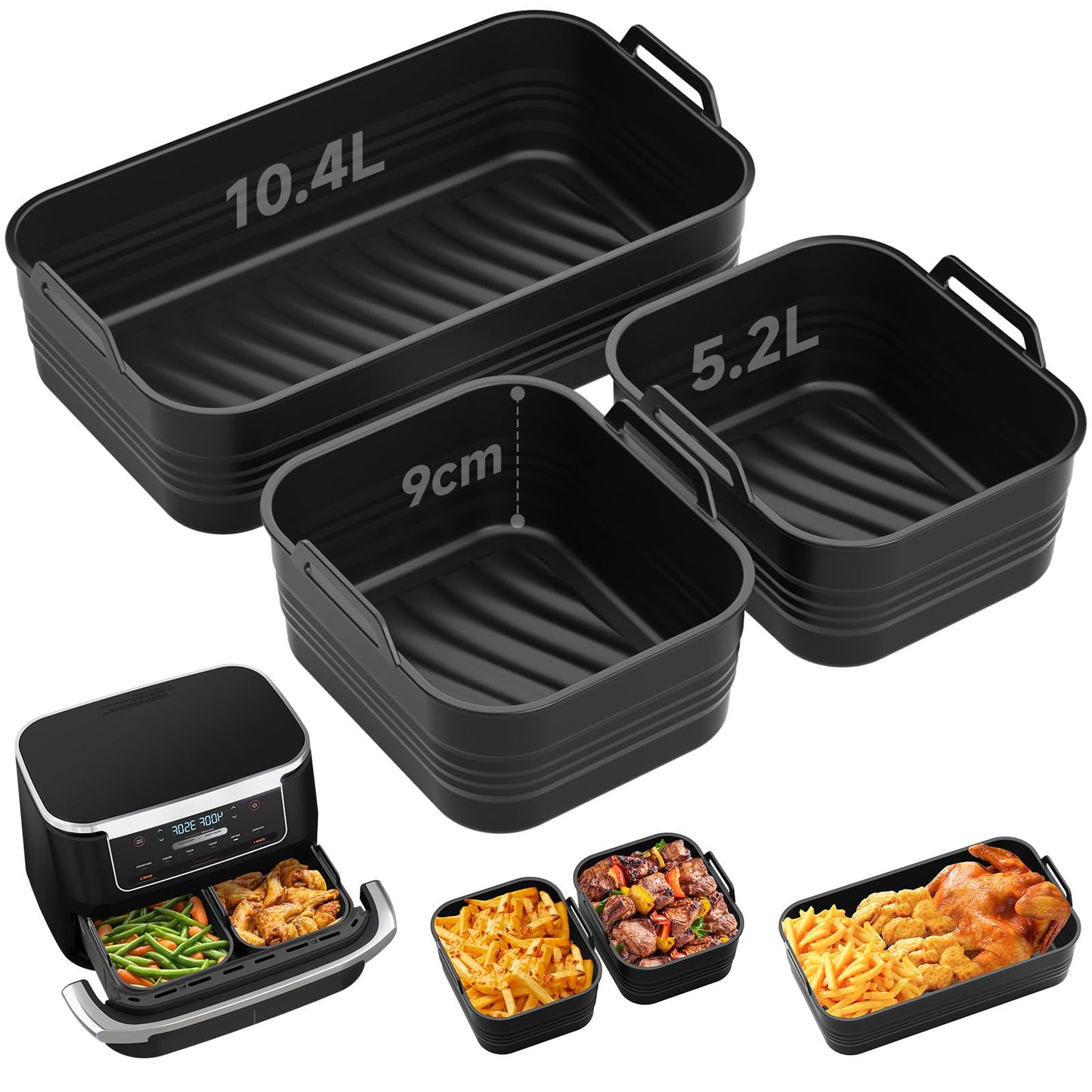 Alyvisun Silicone, 3PCS Airfryer Liners Foldable Baking Trays Reusable Rack Versatile Accessories Baskets Rectangle Inserts for 10L/10.4L Air Fryer,