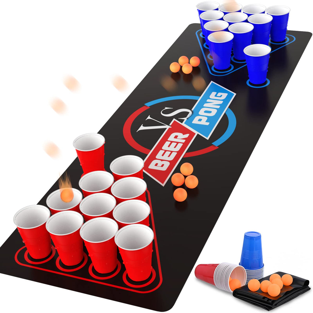 Cieex Beer Pong Set Include 1 Beer Pong Table Mat Party Plastic Cups (15 Blue & 15 Red) 8 Ping Pong Balls Fun Adult Drinking Game for Party Festivals