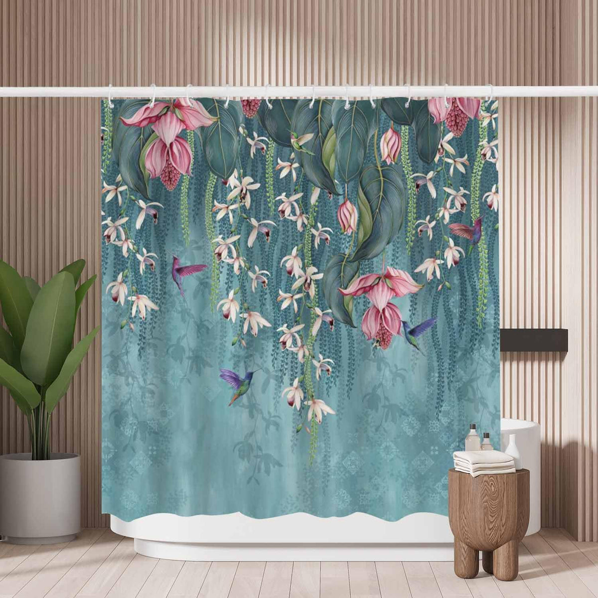 Woutay Shower Curtain Mould Proof Resistant Beautiful Flowers and Vines,Water Repellant Fabric,Polyester,with 12 Plastic Hooks