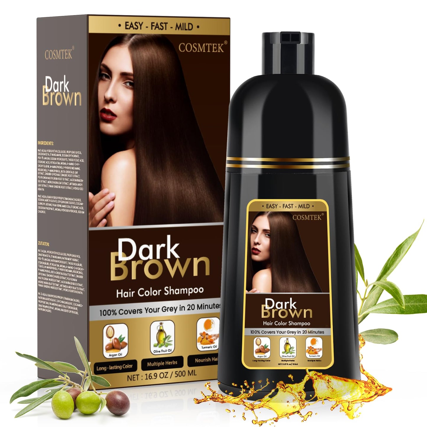 Dark Brown Hair Dye Shampoo Permanent for Men&Women, 3-In-1 Shampoo for Treated & Gray Hair Coverage, Lasts 30 Days/500ml/Natural herbal Ingredients