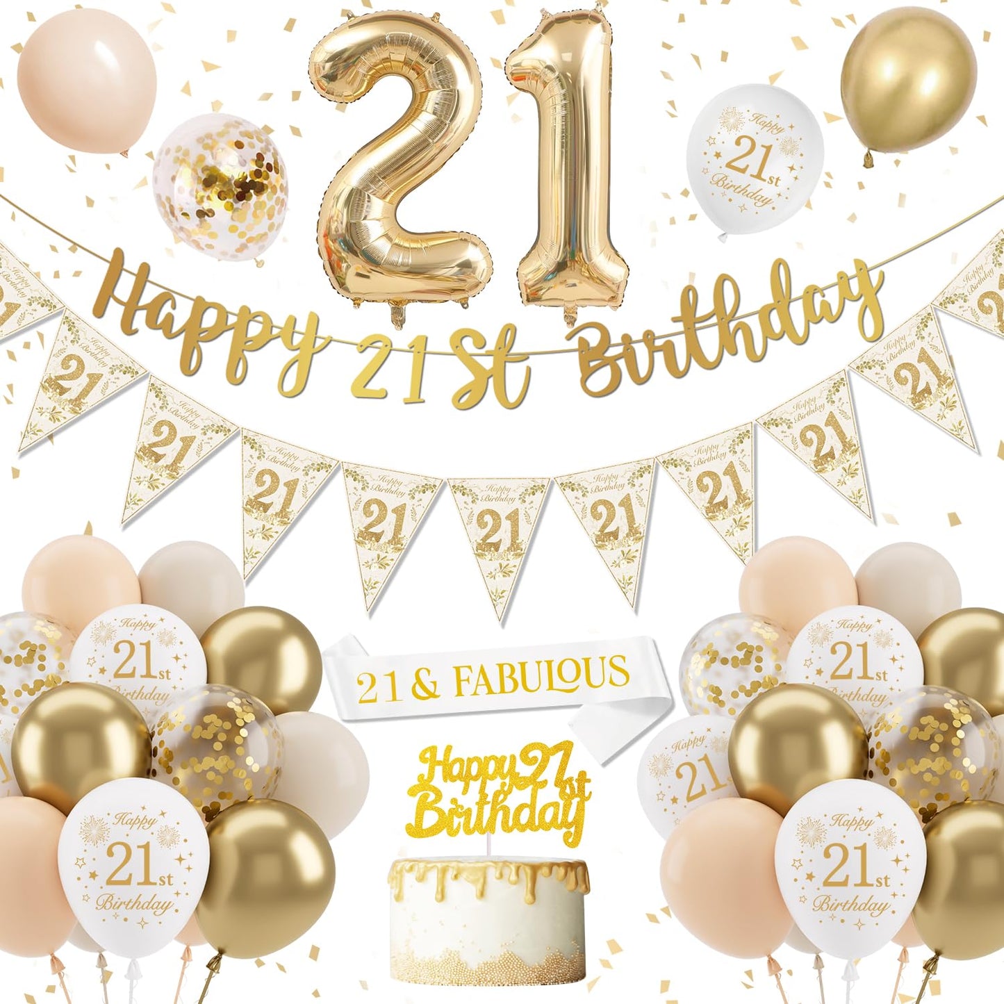 Sand White Gold 21st Birthday Decorations - Balloons, Banner, Cake Topper & Confetti for Her