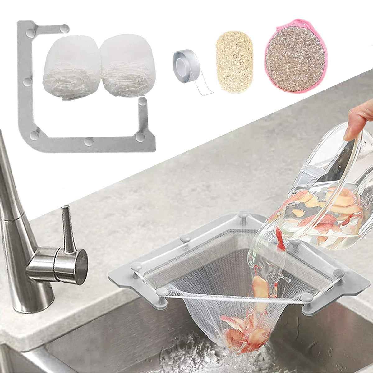 Kitchen Sink Triangle Tri-Holder Filter, Kitchen Sink Strainer, Sink Drain Strainer, with a Triangular Gray Rack and 100PCS Large Size Filtering Mesh