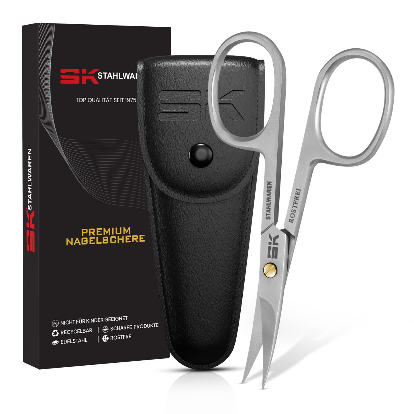 SK Stahlwaren Curved Nail Scissors - Stainless Steel Rustproof - Precise Cutting - Manicure & Pedicure Care - Faux Leather Case - Silver