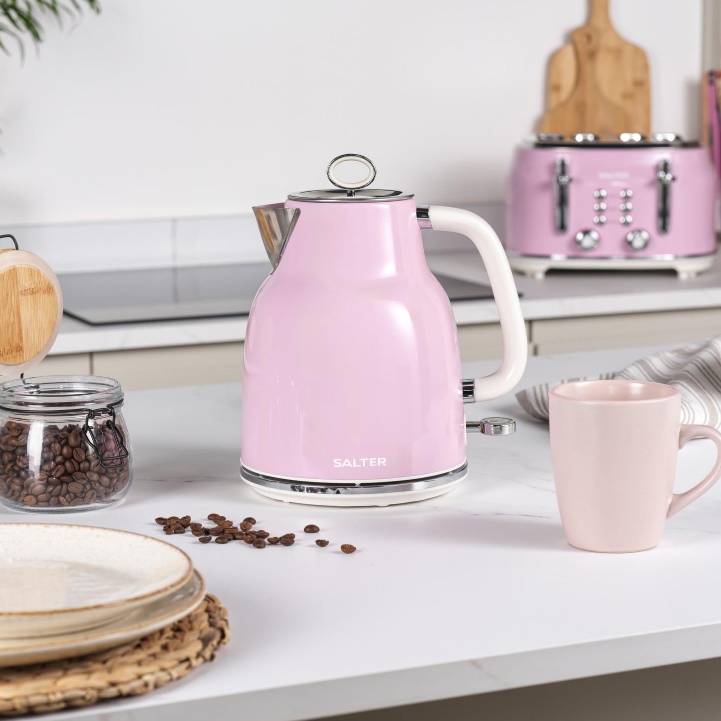 Salter Retro Pink Kettle & Toaster Set 1.7L Fast Boil Kettle with Removable Limescale Filter, 4-Slice Wide Slot Toaster for Thick Bread/Bagels, Blue