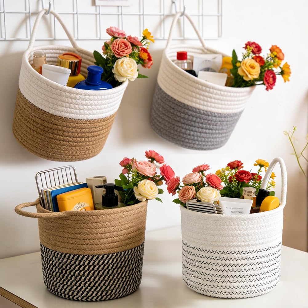 Pack of 2 Cotton Hanging Baskets, Organiser, Storage Basket, Wall Baskets with Handle, 15 x 15 cm, Storage Baskets for Kitchen, Bathroom, Bedroom