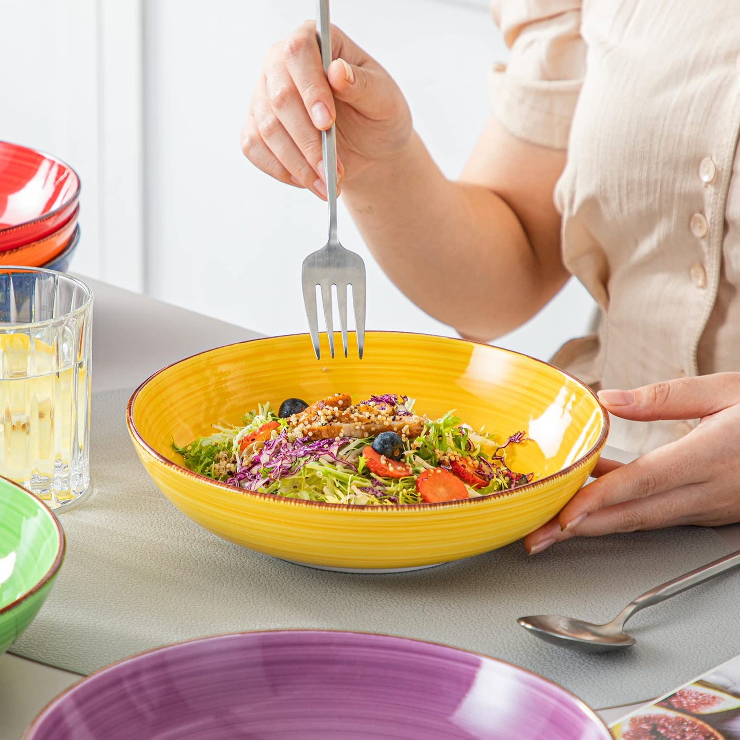 vancasso Bonita Pasta Bowls 38 oz, Large Ceramic Salad Bowls, Pasta Bowl Set of 6, Microwave & Dishwasher Safe Soup Bowls, Serving Bowls, Warm Colors