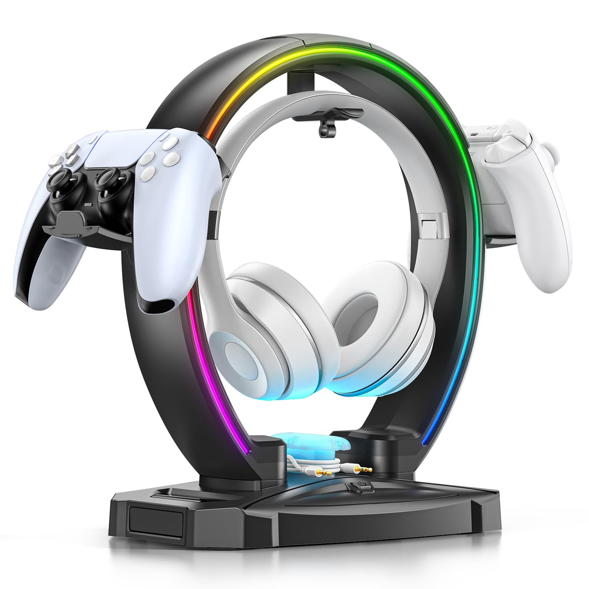 KDD RGB Headphone & Controller Stand with 9 Light Modes - Foldable Controller Hanger for Desk - Earphone Stand with Cable Organizer - for Gamers