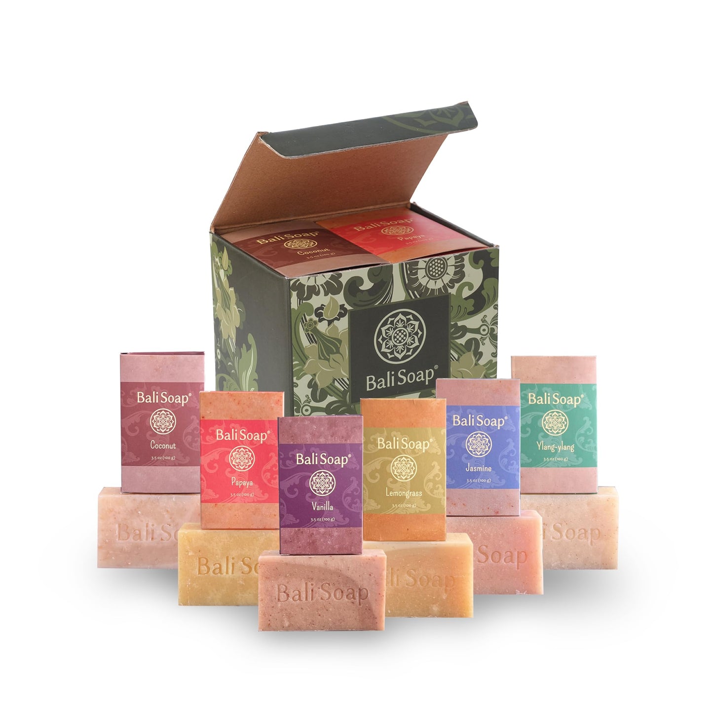 Bali Soap - Green Collection - Natural Soap Bar Gift Set, Face Soap or Body Soap, 6 pc Variety Soap Pack (Coconut, Papaya, Vanilla, Lemongrass,