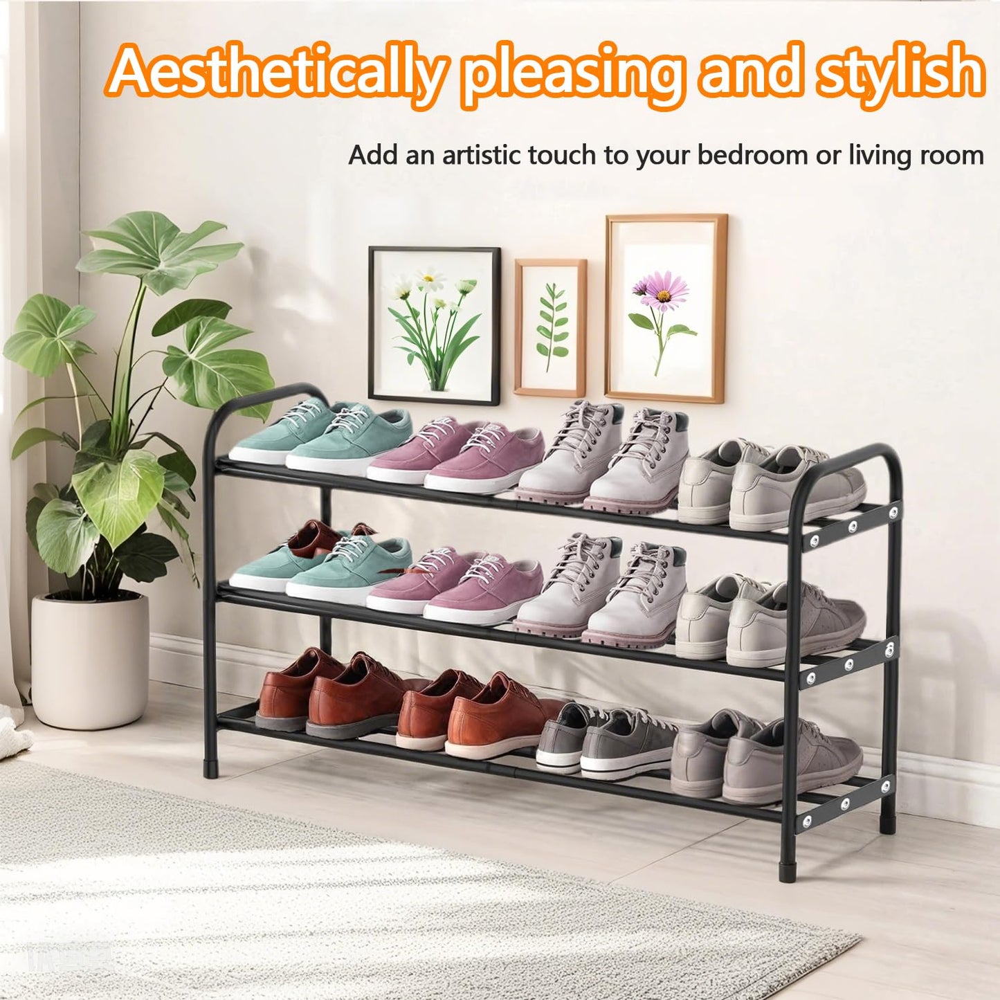 Expandable Shoe Rack, 3 Tier Adjustable Shoe Organizer Shelf for Closet,Slim Narrow Black Metal Free Standing Shoe Rack Storage for Small Space