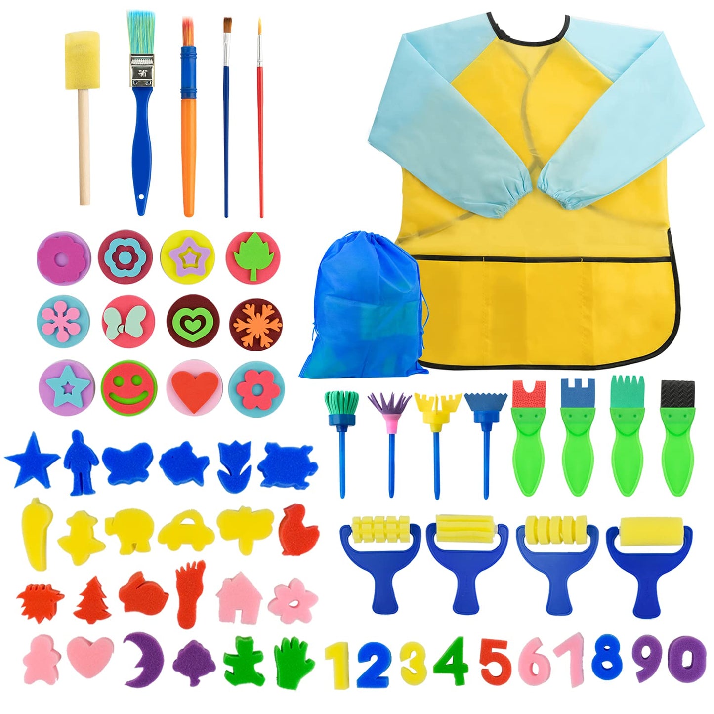 Surplex 65 pcs Sponge Paint Brushes Kits Kids Painting Set for Kids Early DIY Learning Children Doodle, Include Waterproof Apron, Foam Brushes,