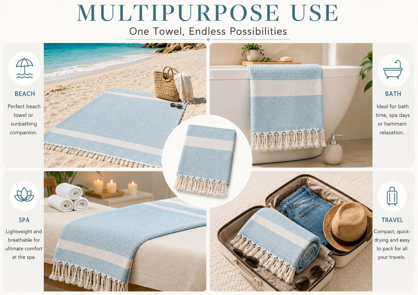 Babila Turkish Hammam Peshtemal Towel | Lightweight & Quick-Drying & Absorbent | Turkish Travel, Spa & Beach Towel | Soft, Compact & Versatile