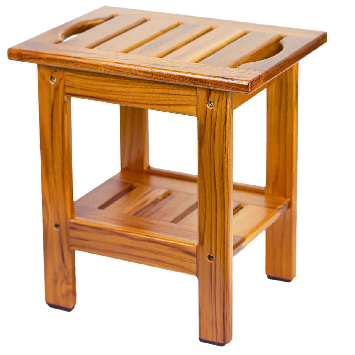 Utoplike Teak Shower Bench, Compact Shower Stool with Shelf & Handle, 2-Tier Small Wooden Bath Seat with Non-Slip Feet for Bathroom, Bathtub, or