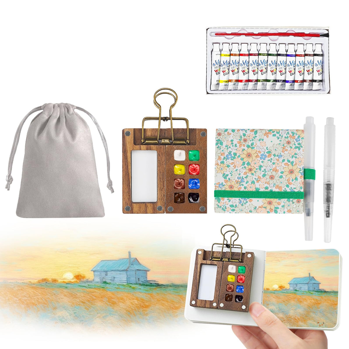 7Pcs Portable Watercolor Palette - 8 Grids Travel Watercolour Paint Set, Portable Travel Painting Set, Lid Foldable Wooden Palette, Sketchbook Brush