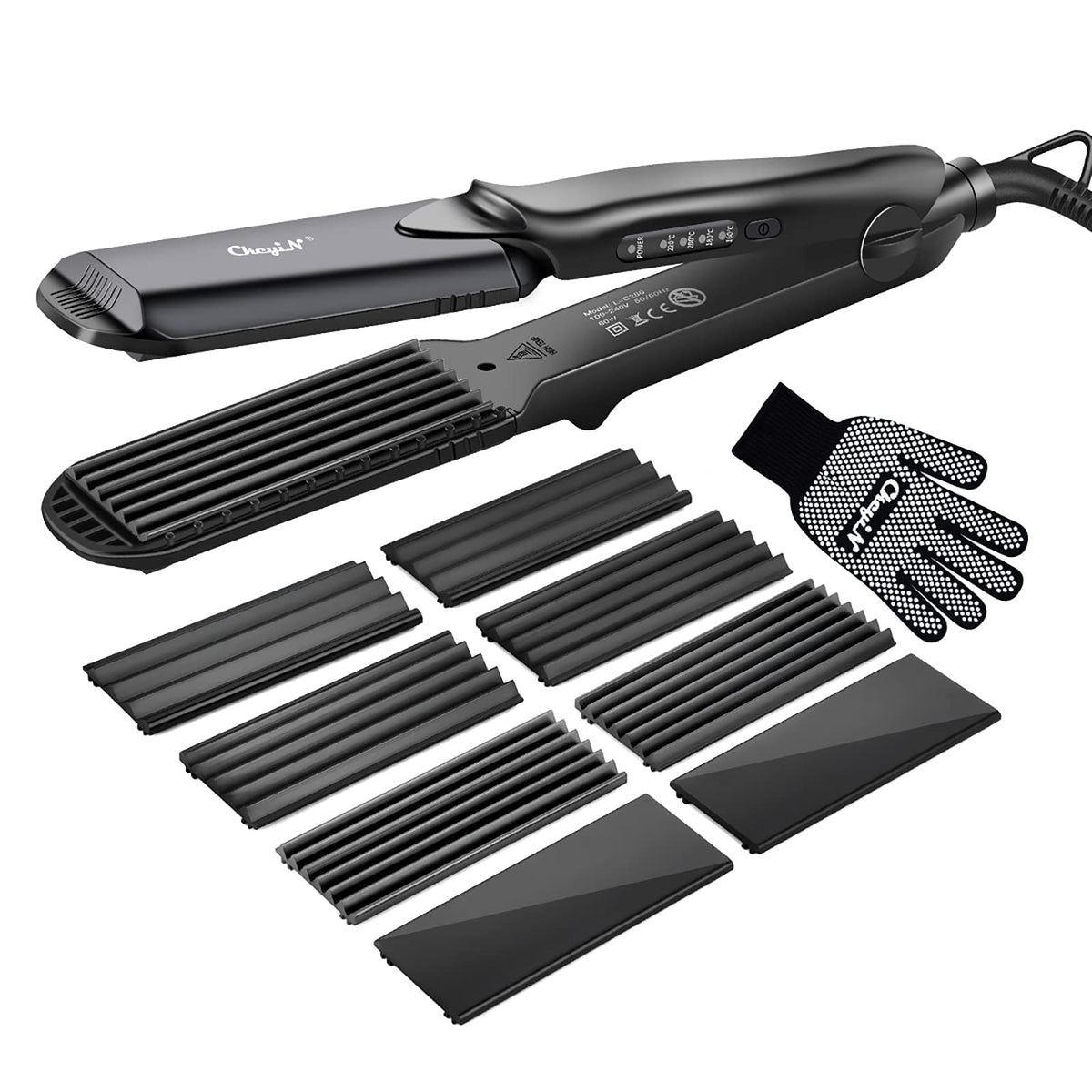 Hair Crimper, CkeyiN Professional Crimping Iron and Straighter with Heat Resistant Glove Adjustable Temperature Dual Voltage 4 Interchangeable Ceramic