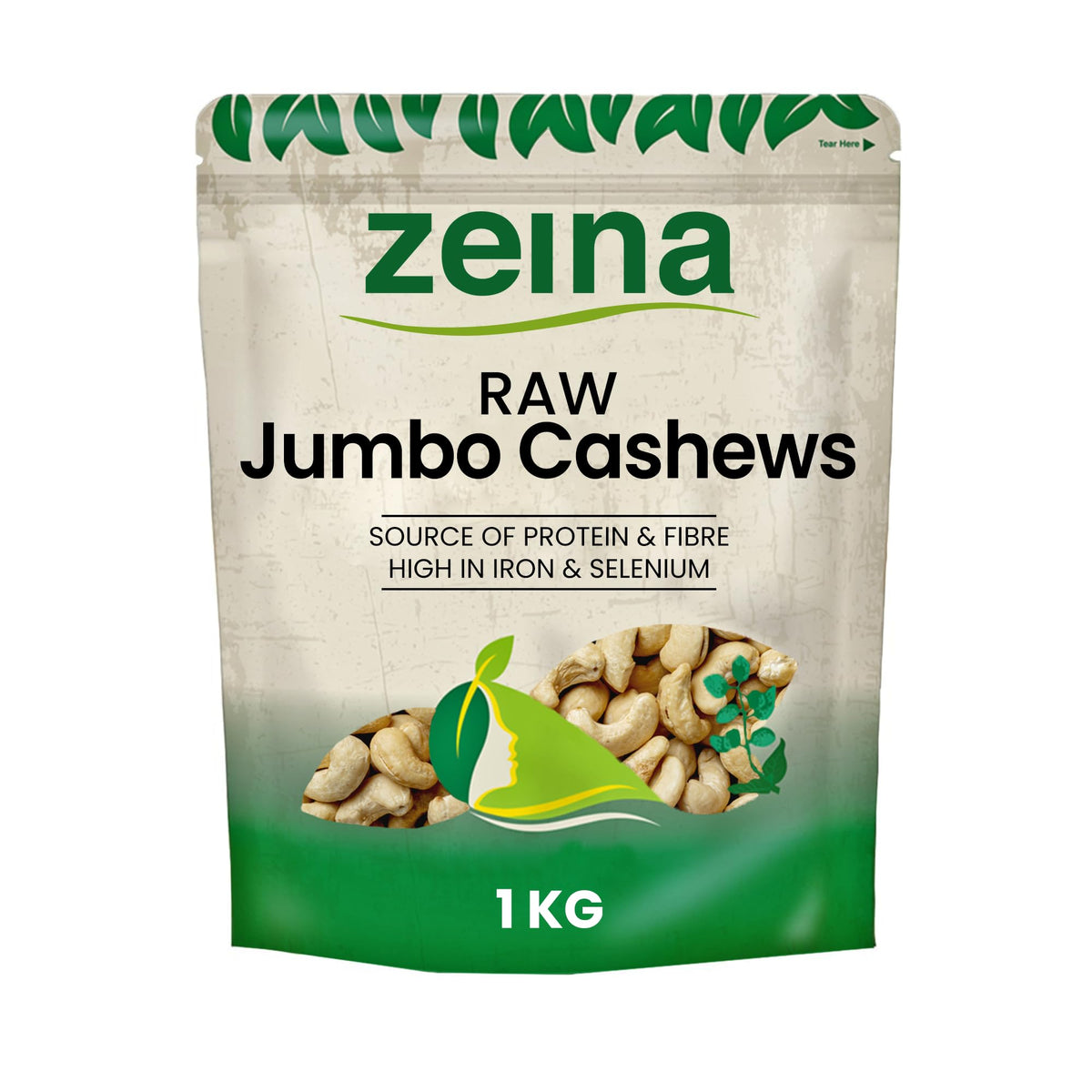 Zeina Jumbo Cashew Nuts (Raw) with High Vitamin B6 and Iron (1Kg) - Natural Fibre and Protein. A Fresh Healthy Snack with Resealable Bag - Peanut and