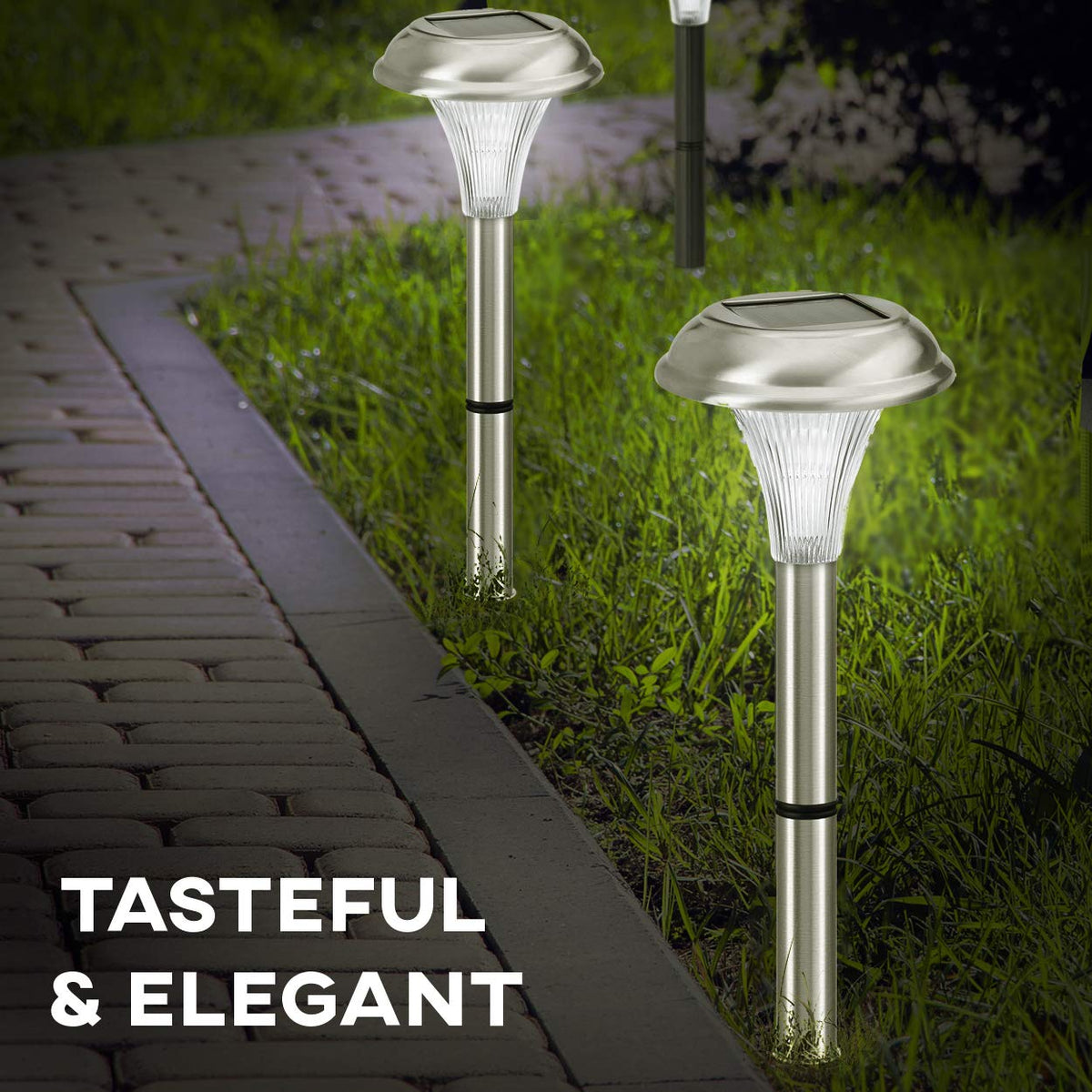 Solar Garden Lights for Outdoor 8 Brightest Light Set - Beautiful Brushed Stainless Steel - Transform Your Paths, Garden, Flowerbeds and Drive -