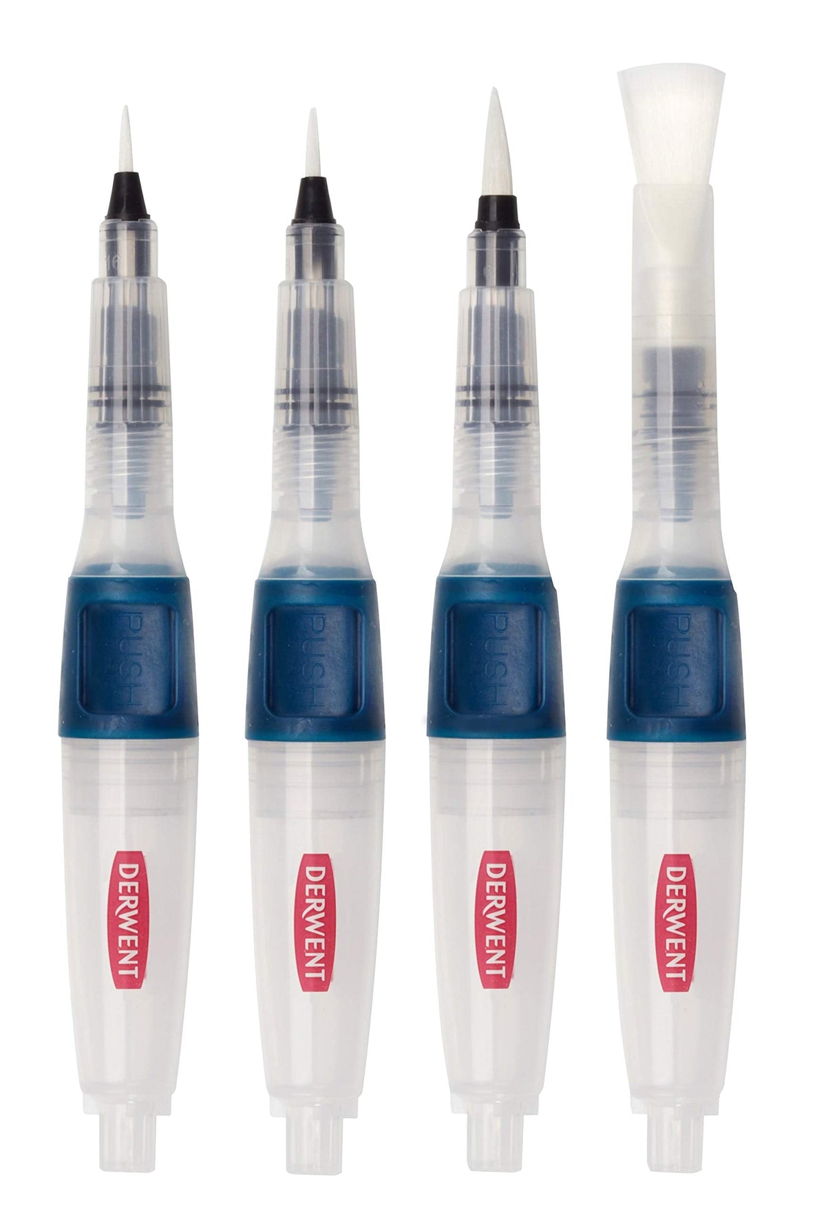 Derwent Push Button Assorted Size Waterbrush Set, contains 4 x premium watercolour brushes for use with watercolour pencils, paints and blocks, leak