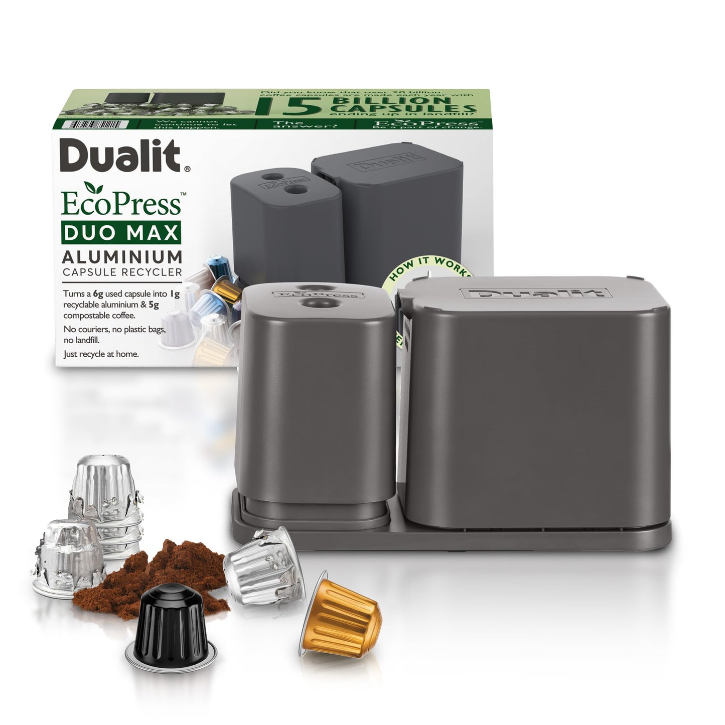 Dualit EcoPress? Duo Max Aluminium Coffee Capsule Recycling Tool - Compatible with Nespresso Capsules & Coffee Grounds