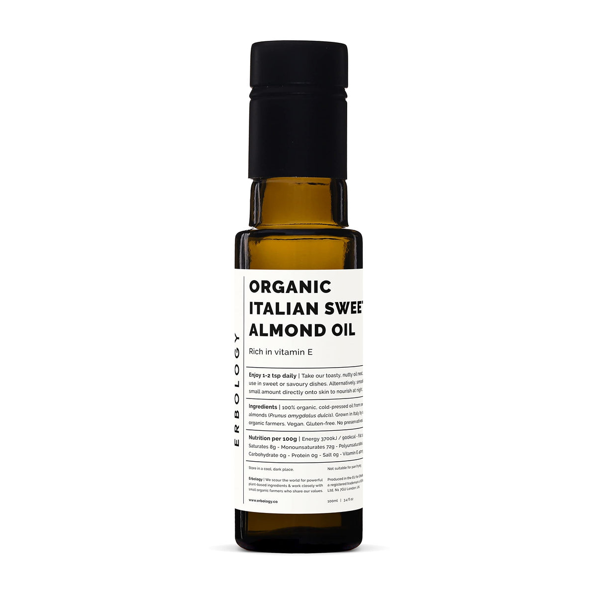 Erbology Organic Sweet Almond Oil 100ml - Cold-Pressed - Rich in Skin-Nourishing Vitamin E - Straight from Farm in Italy - Non-GMO - No Additives or