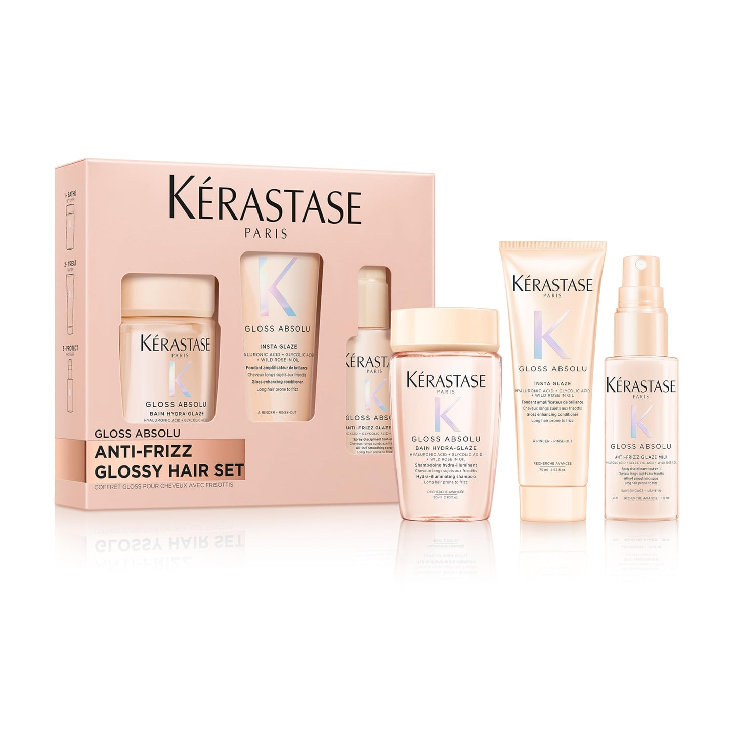 K?rastase Gloss Absolu Trio Discovery Set, containing travel sized Shampoo, Conditioner and Heat Protectant Spray, Anti-Frizz, Hydrating,