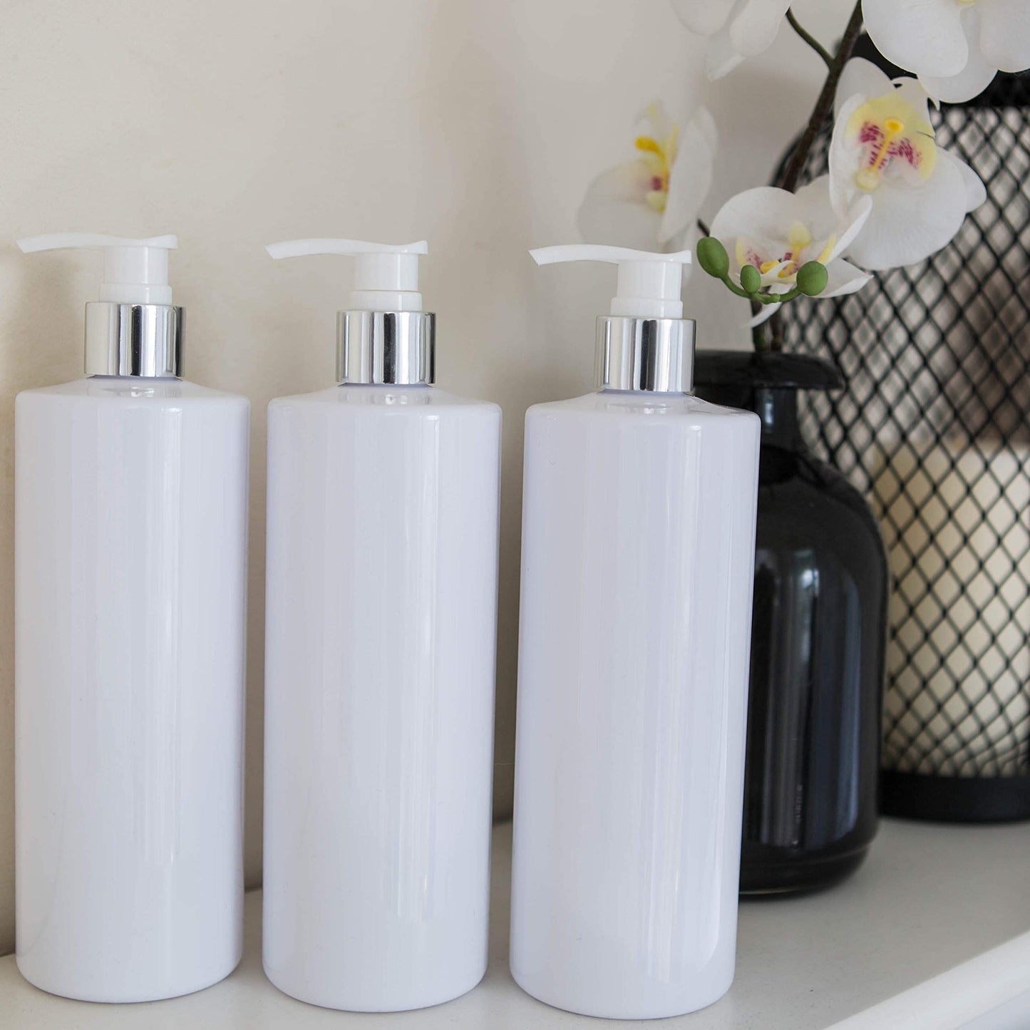 Taylor & Smyth 3 x 500ML PET PUMP DISPENSER BOTTLE MRS HINCH STYLE BATHROOM KITCHEN SHAMPOO CONDITIONER CONDITIONER WHITE CHROME