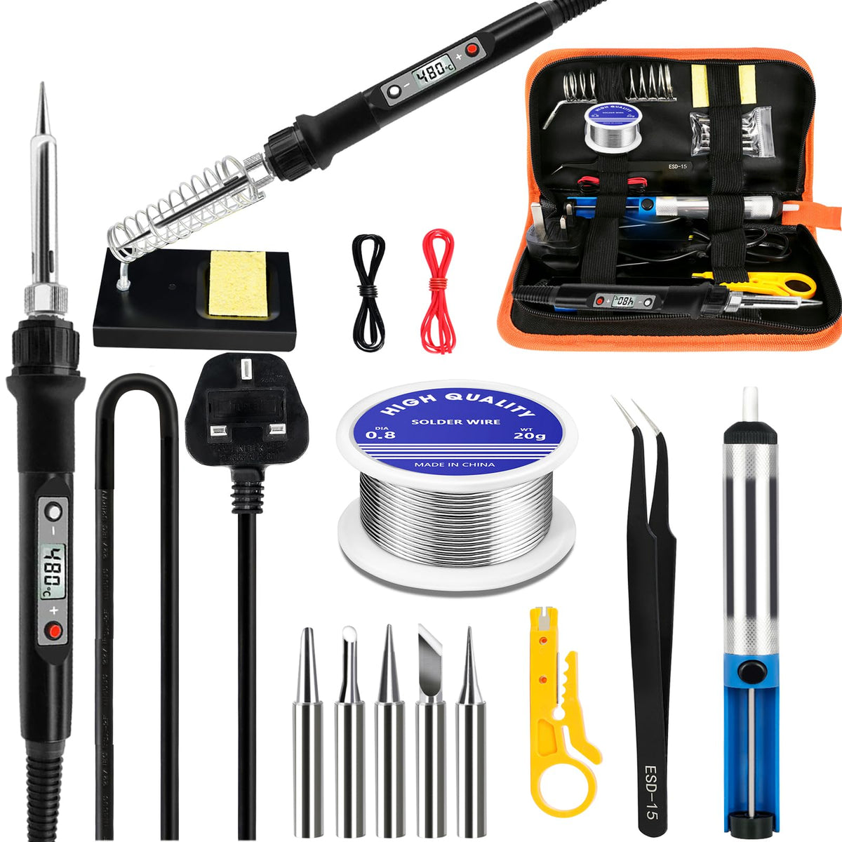Soldering Iron Kit, 80W LCD Adjustable Temperature 180-520?C, 13 in 1 Electric Soldering Iron Kit Welding Tool, 5 Soldering Tips, Desoldering Pump,
