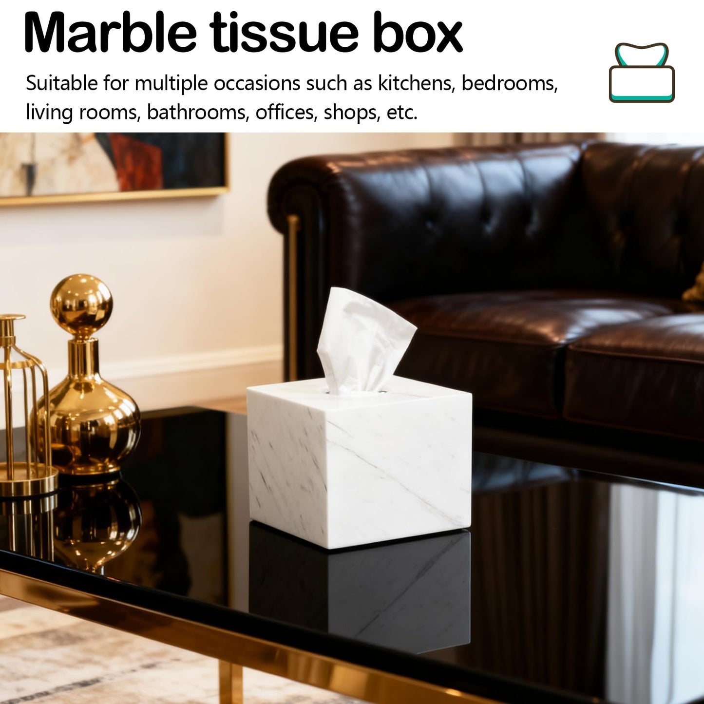 Tissue Box, 14.5 x 14.5 x 14.5 cm Tissue Box Holder Made of Natural Marble Square Paper Organizer with Open Acrylic Base and Silicone Mat for Home