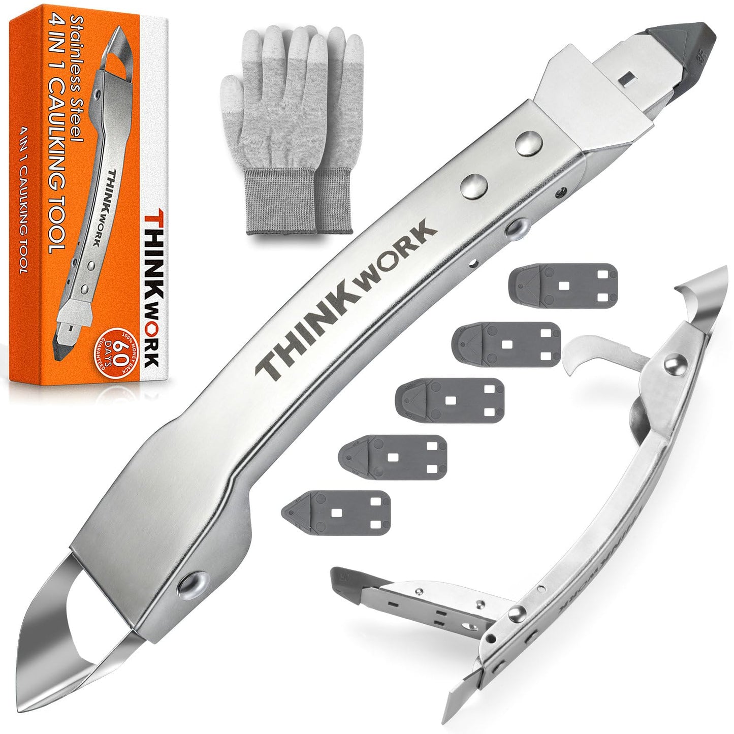 THINKWORK Silicone Caulking Kit, 4-in-1 Sealant Finishing Tool, Stainless Steel Caulk Remover with Pads, Smoothing Removal Tool for Home, Kitchen,